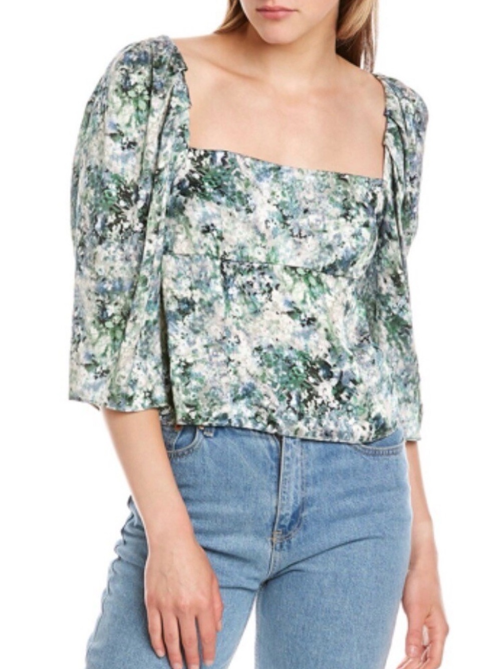 Vince Painted Green White Floral Square Neck Cropped Satin Blouse Women's Size 8